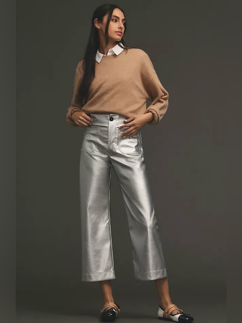 Anthropologie Maeve Colette Silver Metallic Vegan Leather Crop Pants 25in